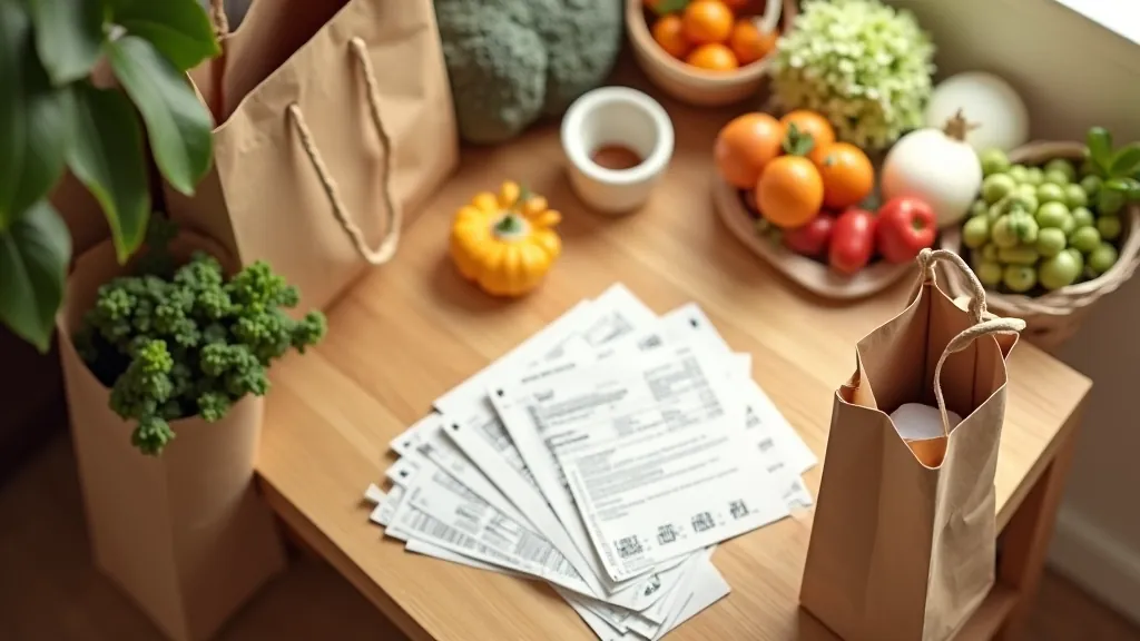 Shopping bags and receipts on kitchen counter showing rising grocery and household costs over time