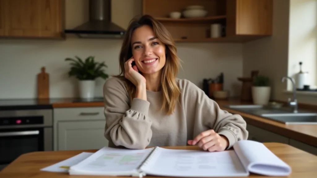 Person at kitchen table looking confident while reviewing organized budget planning documents and financial goals