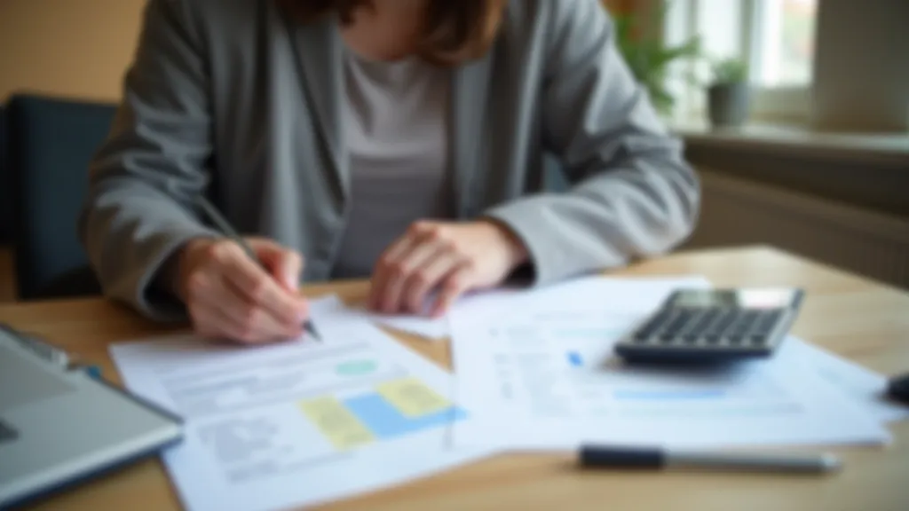 Person reviewing household budget documents and financial reports at home office desk with calculator and notebook