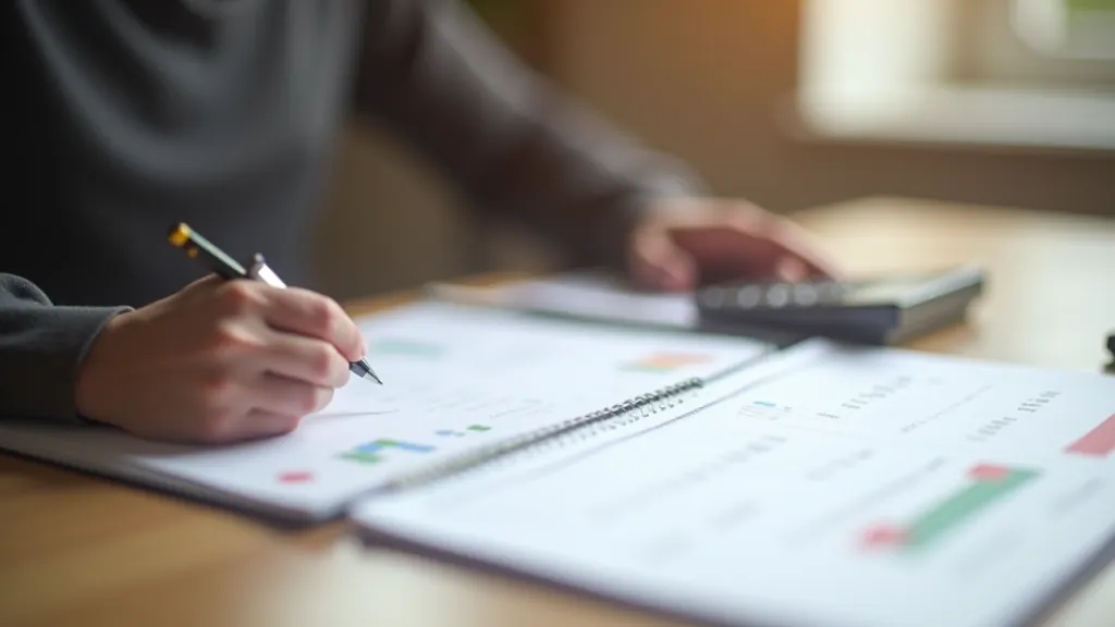 Person reviewing household budget documents and financial planning spreadsheet at home office desk with notebook and calculator