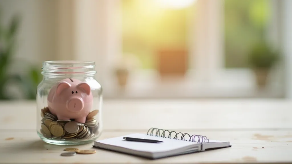 Piggy bank or savings jar with coins beside budget notebook showing savings goals and emergency fund planning