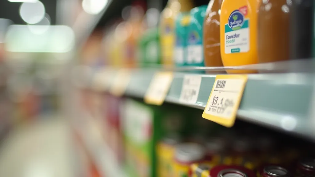 Close-up of product price labels and tags on supermarket shelf, showing price per unit information clearly