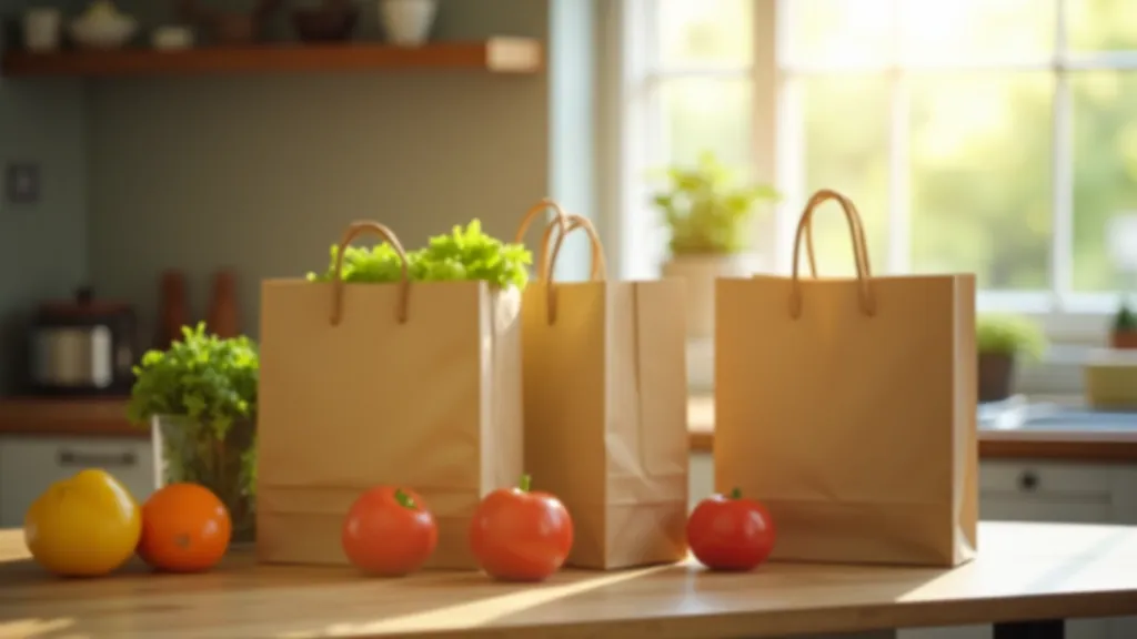 Shopping bags and groceries on a kitchen counter with fresh vegetables, natural morning light, Dublin urban setting