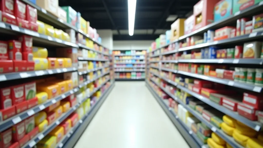 Supermarket shelves stocked with colorful products, organized grocery store aisle, bright fluorescent lighting, Dublin shopping