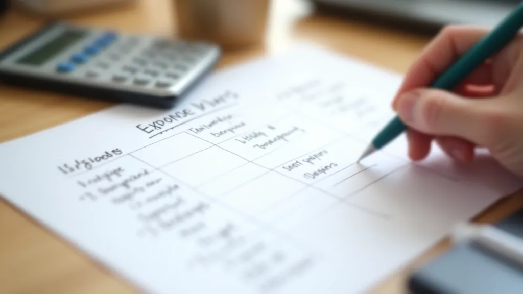 Table or worksheet showing expense categories like rent, utilities, groceries, transport with handwritten notes and calculator