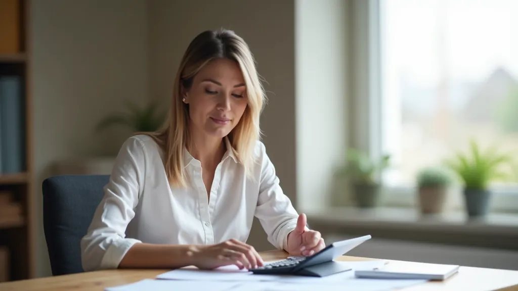 Woman at home desk reviewing monthly bills and household expenses comparing prices year over year on documents